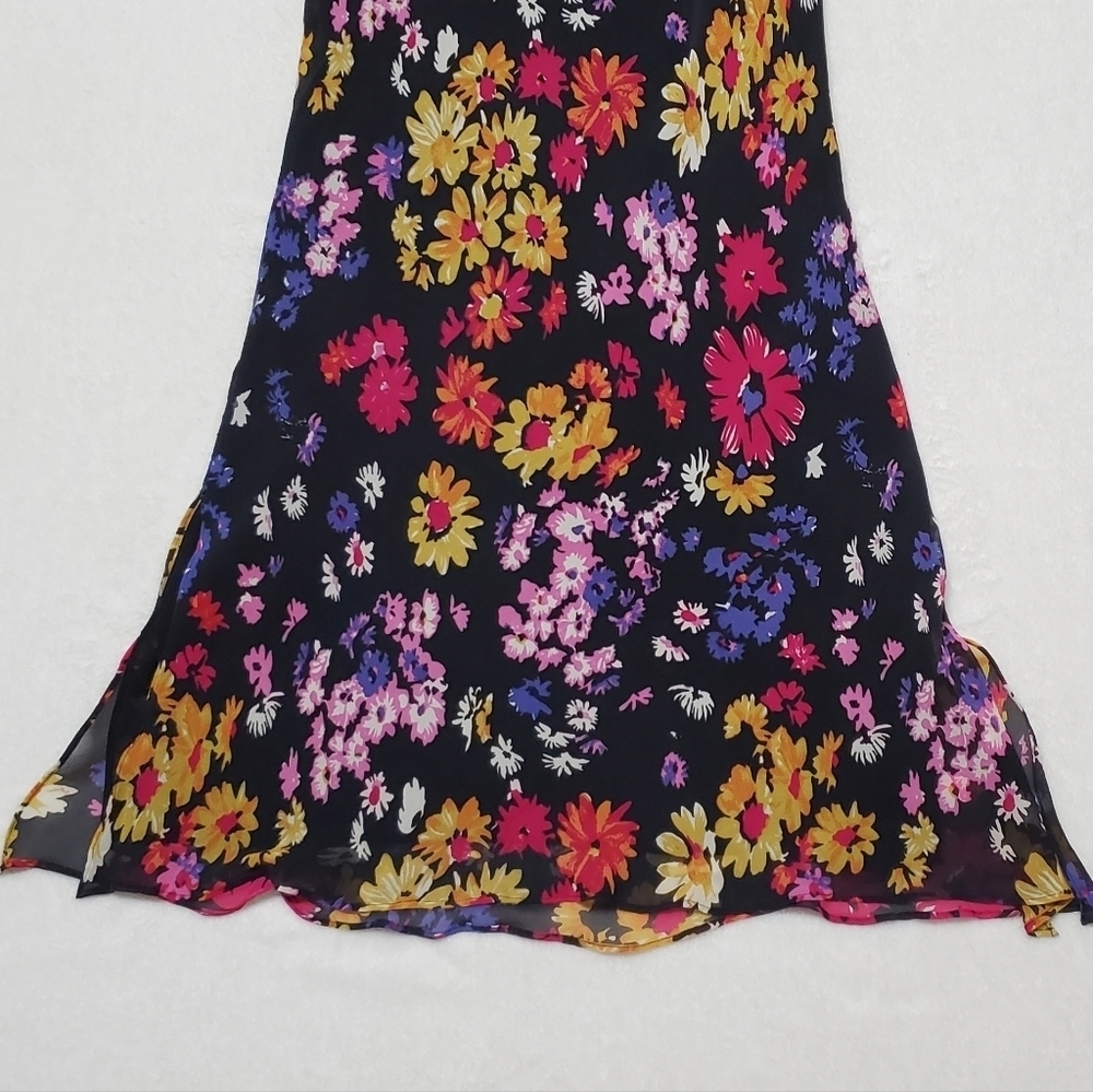 90s-Y2K Vintage Retro Express Silk Chiffon Black Multi-color Floral Midi Skirt S - Picture 6 of 13